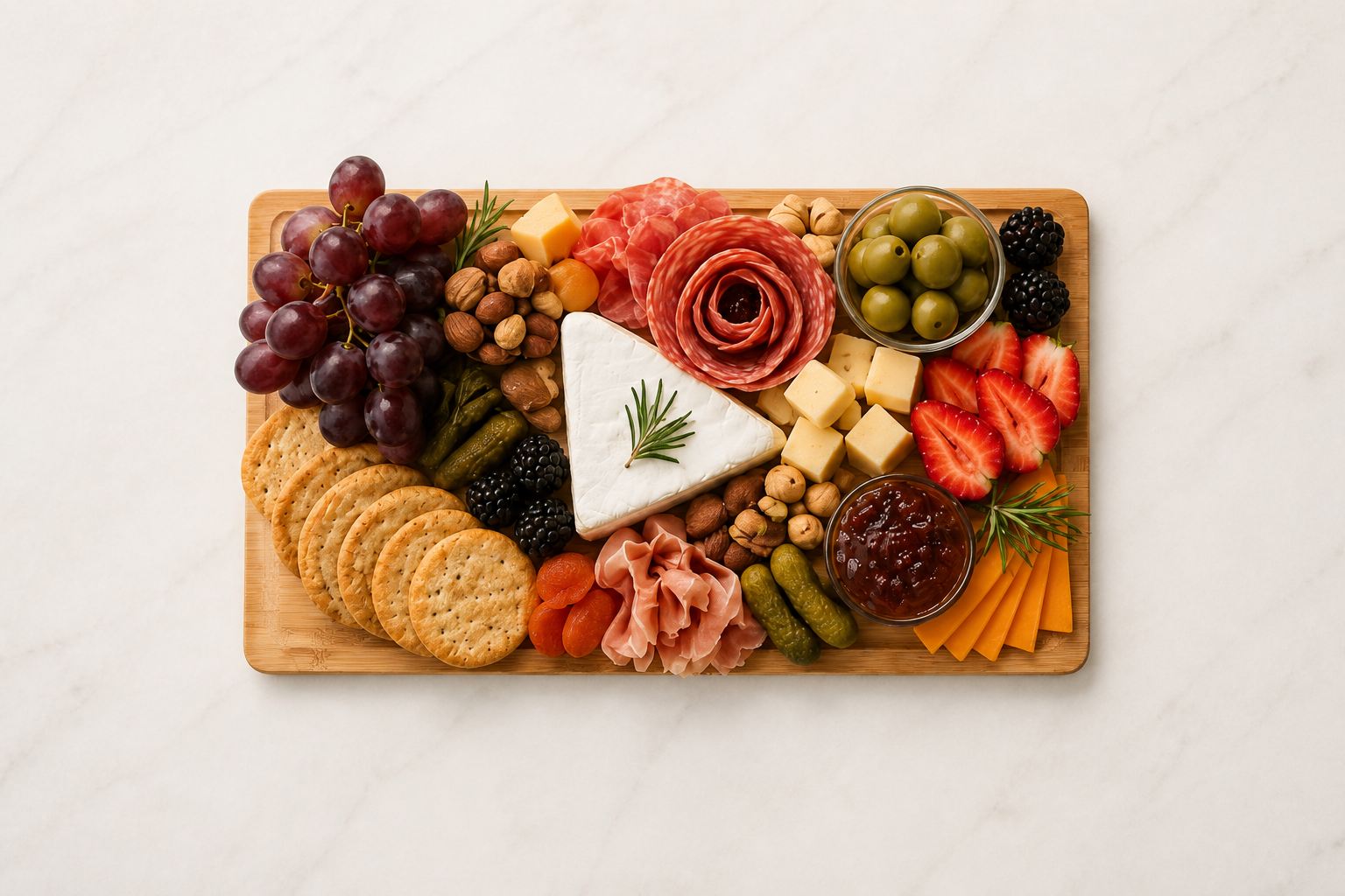 An abundant wooden charcuterie board with cheeses, cured meats, grapes, berries, olives, and crackers on marble